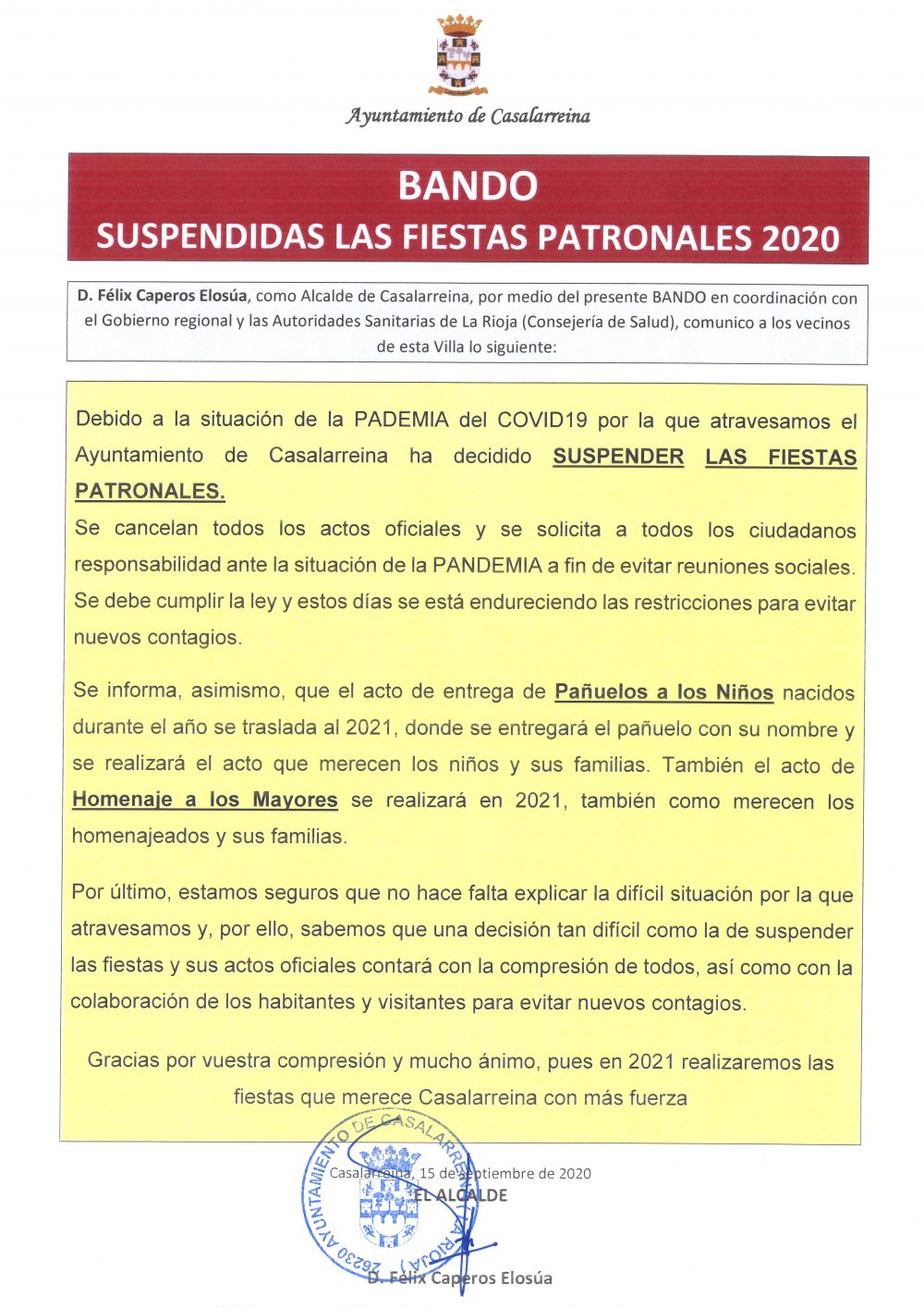 SUSPENSIÓN FIESTAS PATRONALES 2020 - Ayuntamiento de Casalarreina