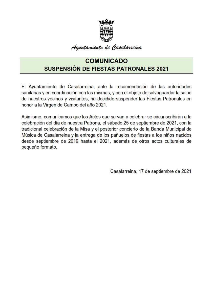 Suspensión Fiestas Patronales 2021 - Ayuntamiento de Casalarreina
