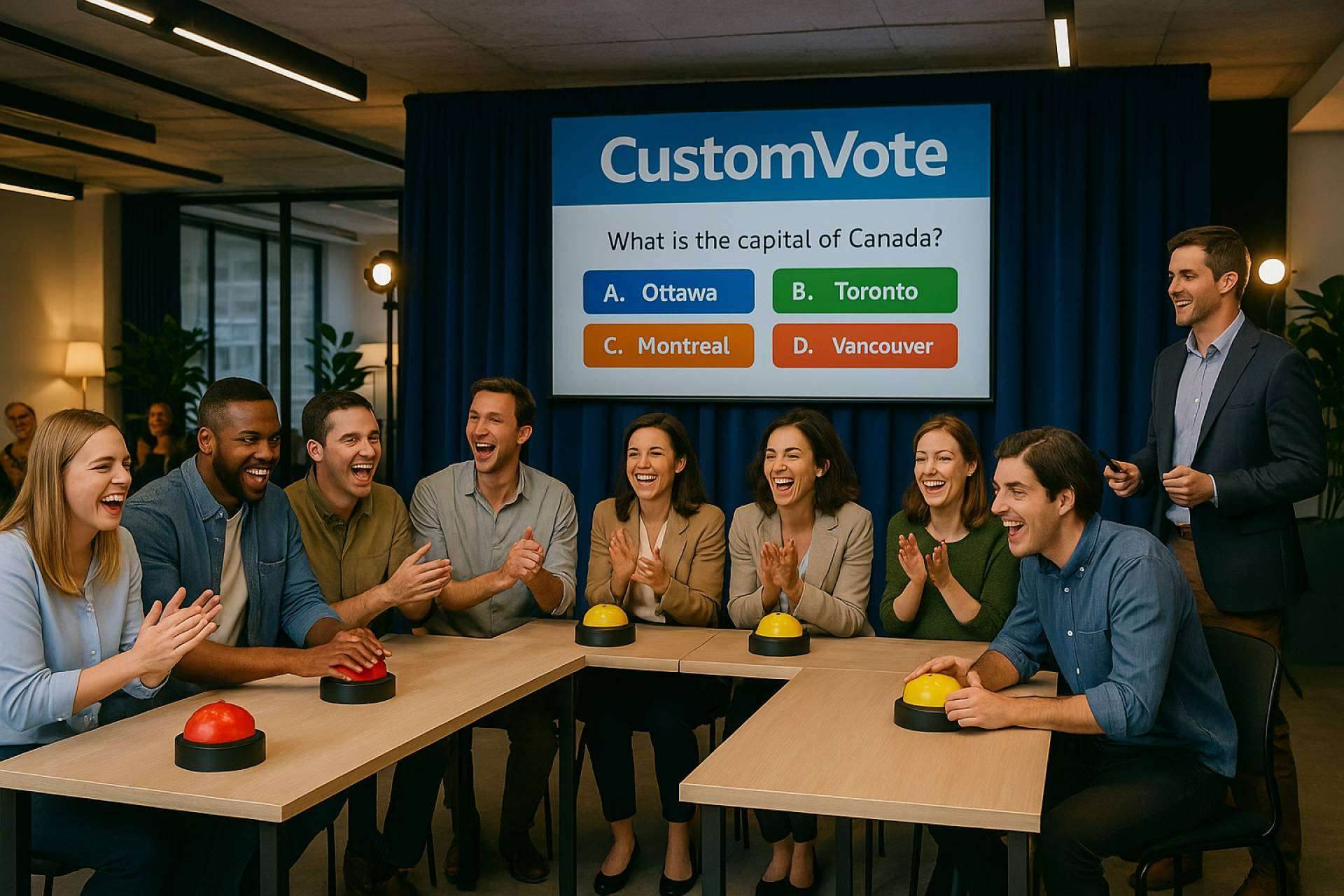 La tecnología que dinamiza concursos en vivo, pulsadores inteligentes de Custom Vote, interacción y diversión aseguradas
